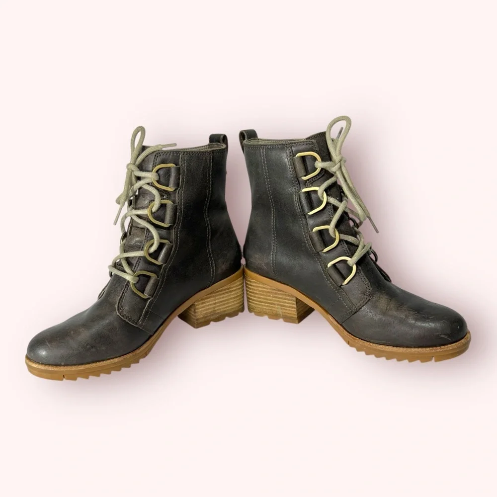 SOREL Cate Lace Up Boots Block Heel Brown Full Grain Leather Waterproof Size 7.5 - Picture 9 of 9